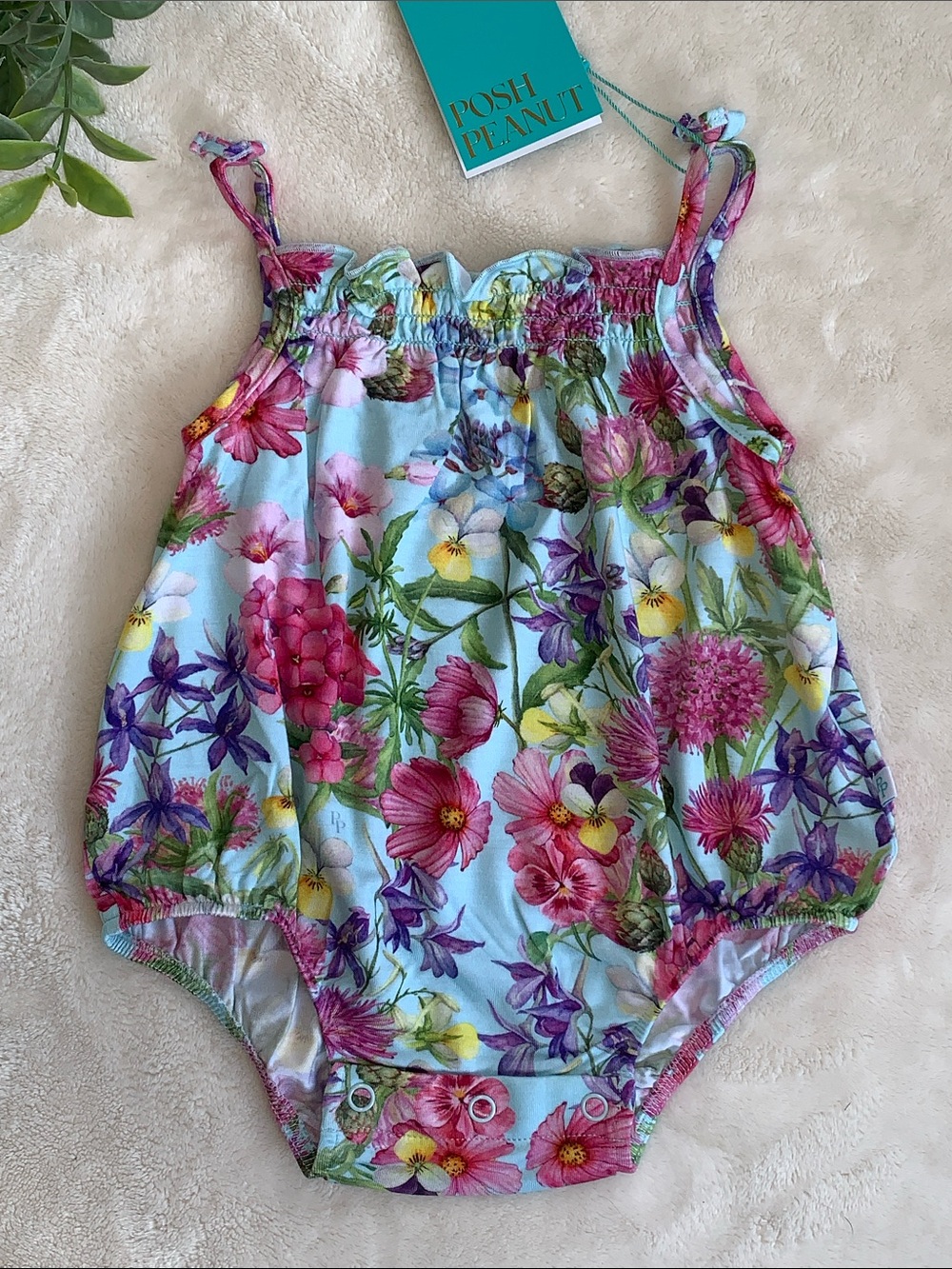 NWT Posh Peanut Hadley Peanut Spaghetti Strap Bubble Romper Floral 3-6M